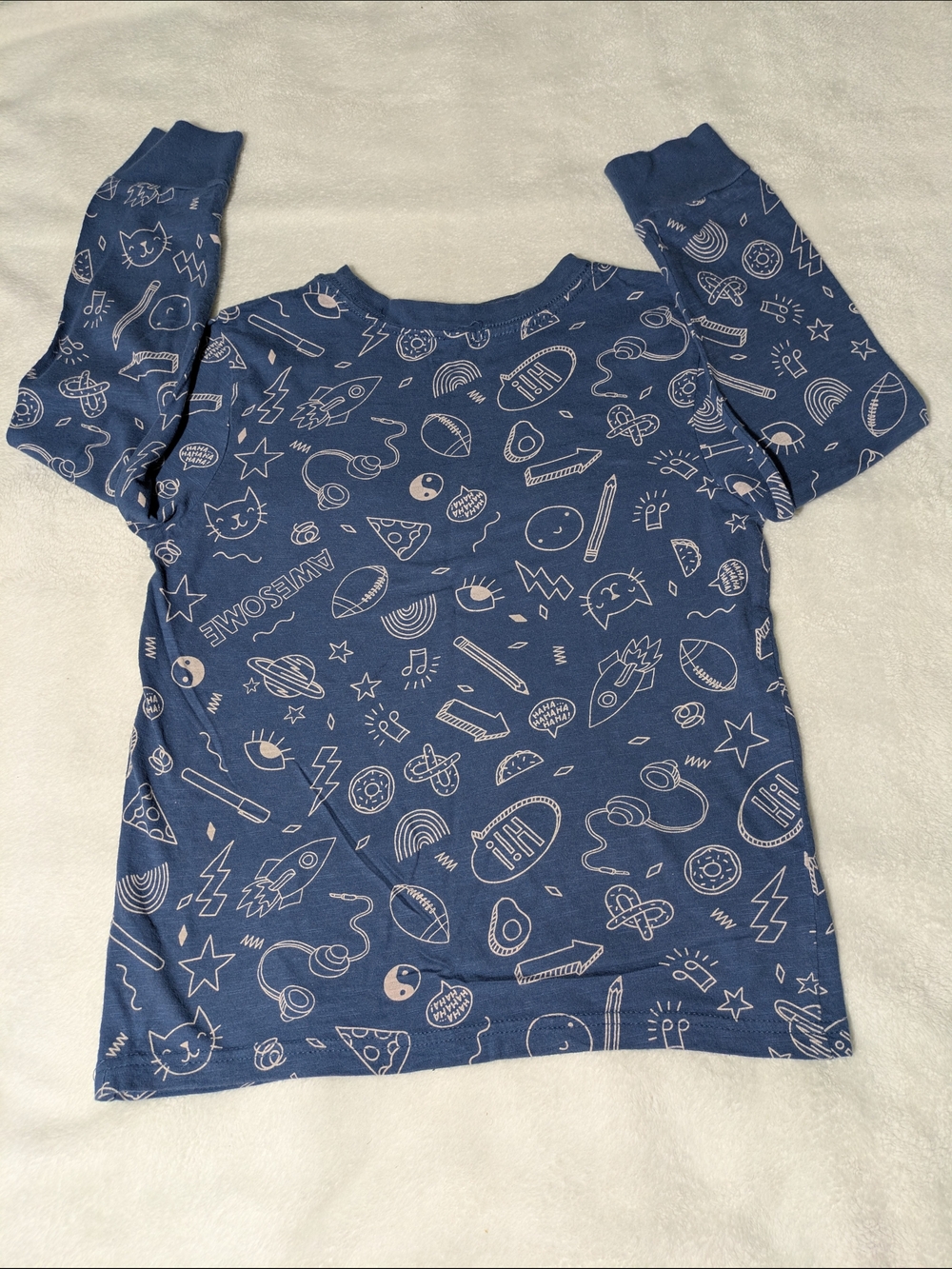 Cat & Jack Kids Size S 6/7 Long Sleeve Shirt Blue Doodle Graphic Tee